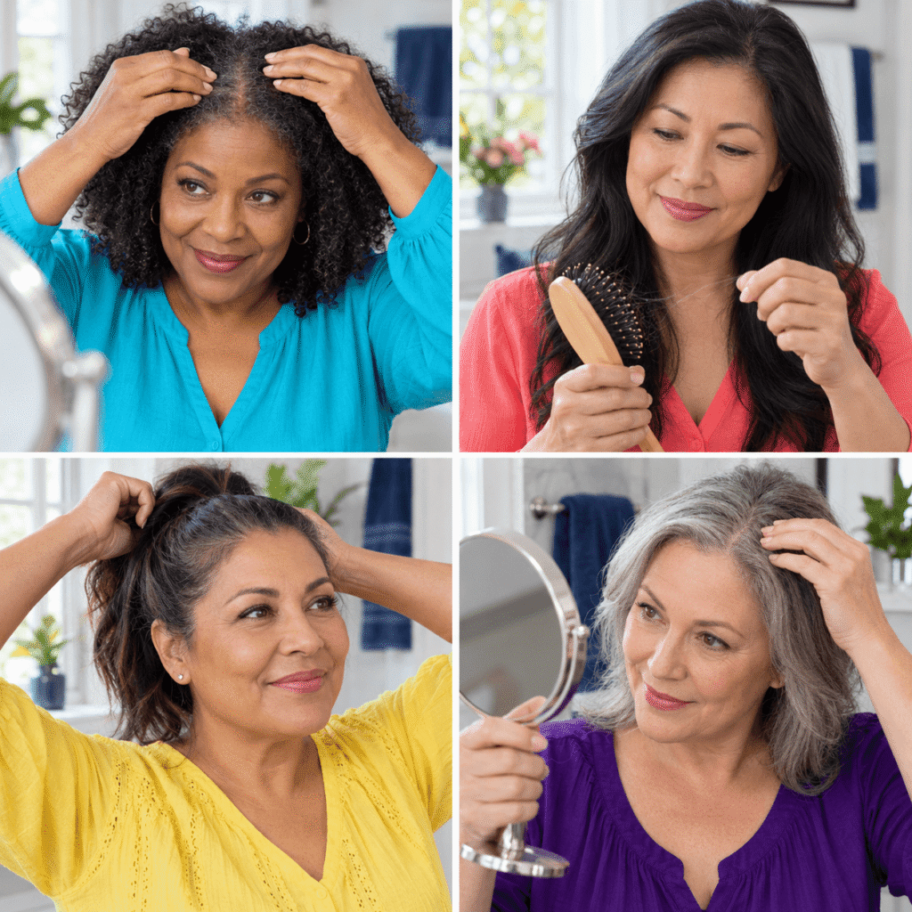 Four midlife women showing gradual part thinning, diffuse shedding, temple tension and scalp irritation patterns.