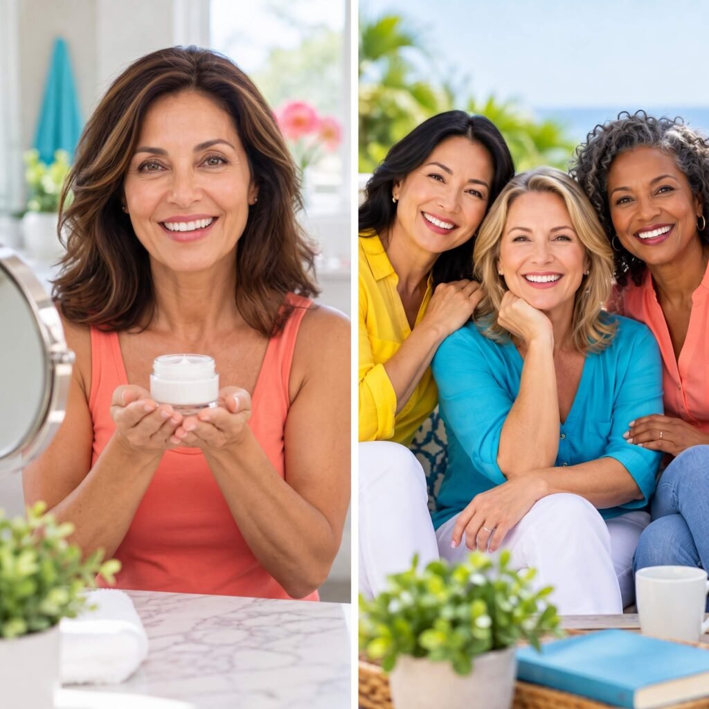 Woman in midlife applying face cream beside three diverse women representing healthy menopausal skin and aging.