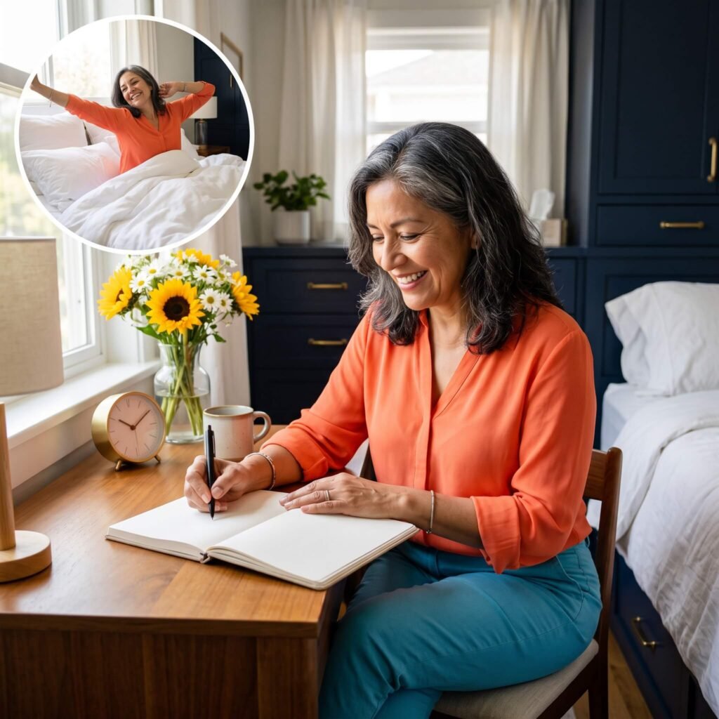 Menopausal woman tracking fatigue, awakenings and snoring symptoms in a sleep diary