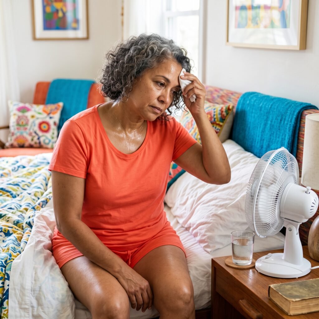 Midlife woman following a calming morning routine after menopause-related sleep problems