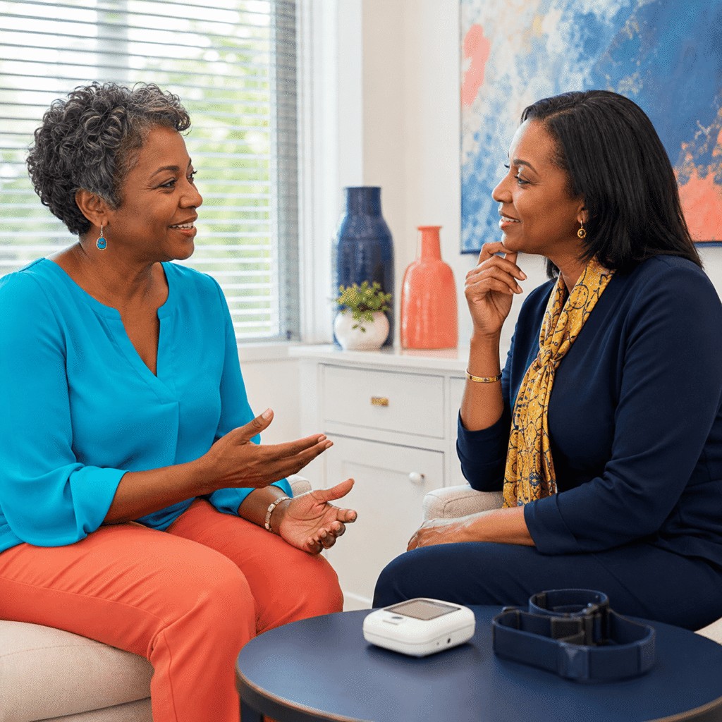 Woman over 50 discussing nighttime breathing concerns with a sleep healthcare professional