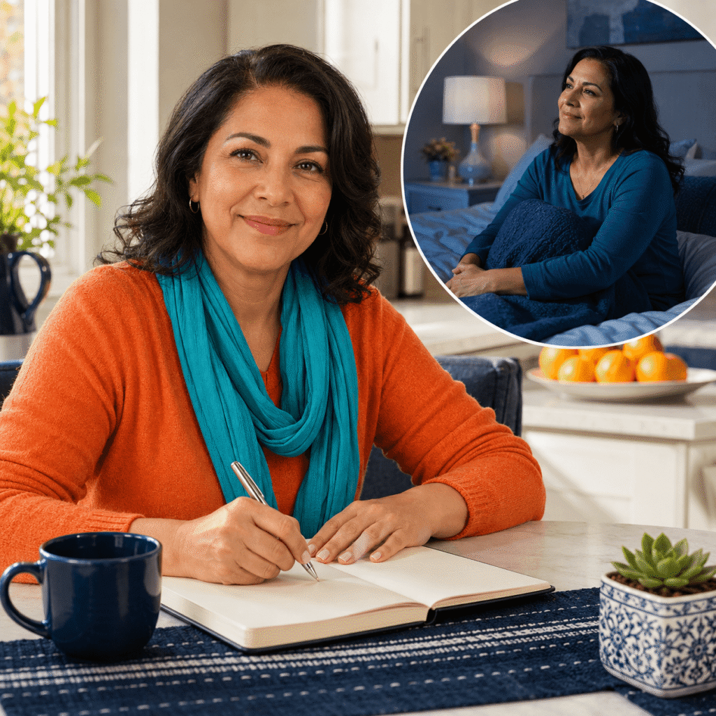 Midlife woman recording what happened before a nighttime awakening in a sleep diary