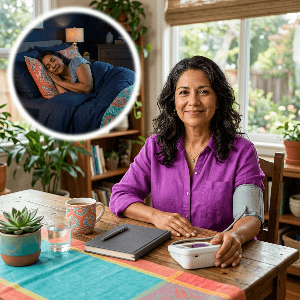 Midlife woman calmly reviewing her blood pressure routine while prioritizing rest and stress management.