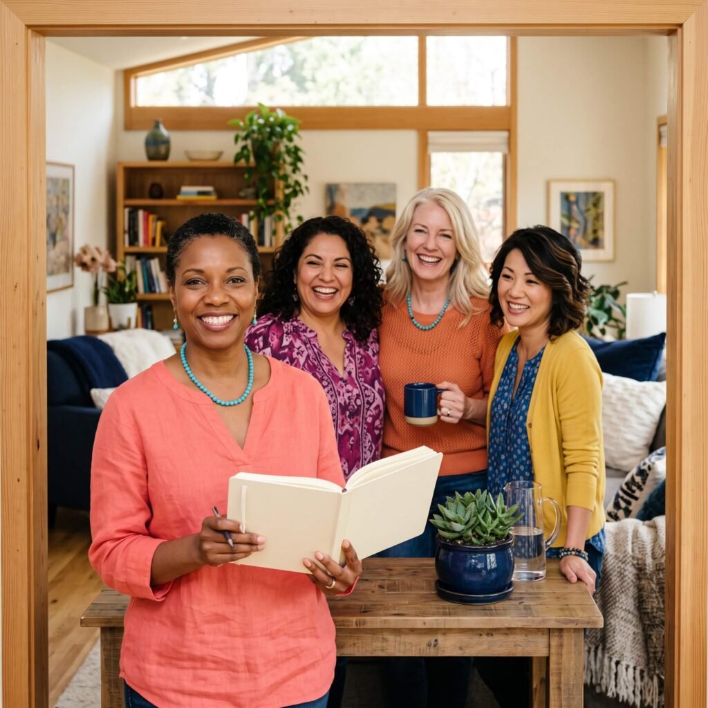 Diverse midlife women sharing supportive menopause sleep strategies in a bright setting