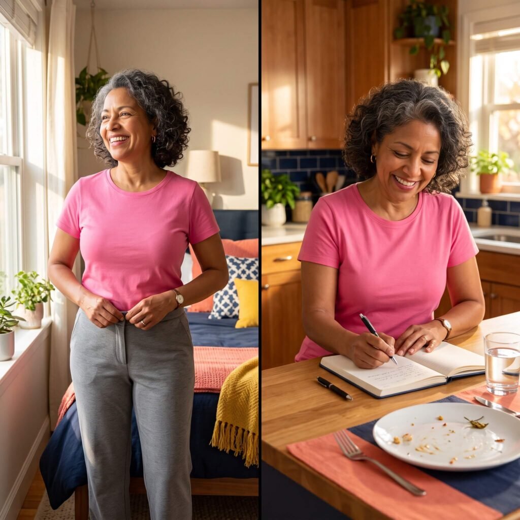 Same woman comparing morning waist comfort with temporary afternoon bloating
