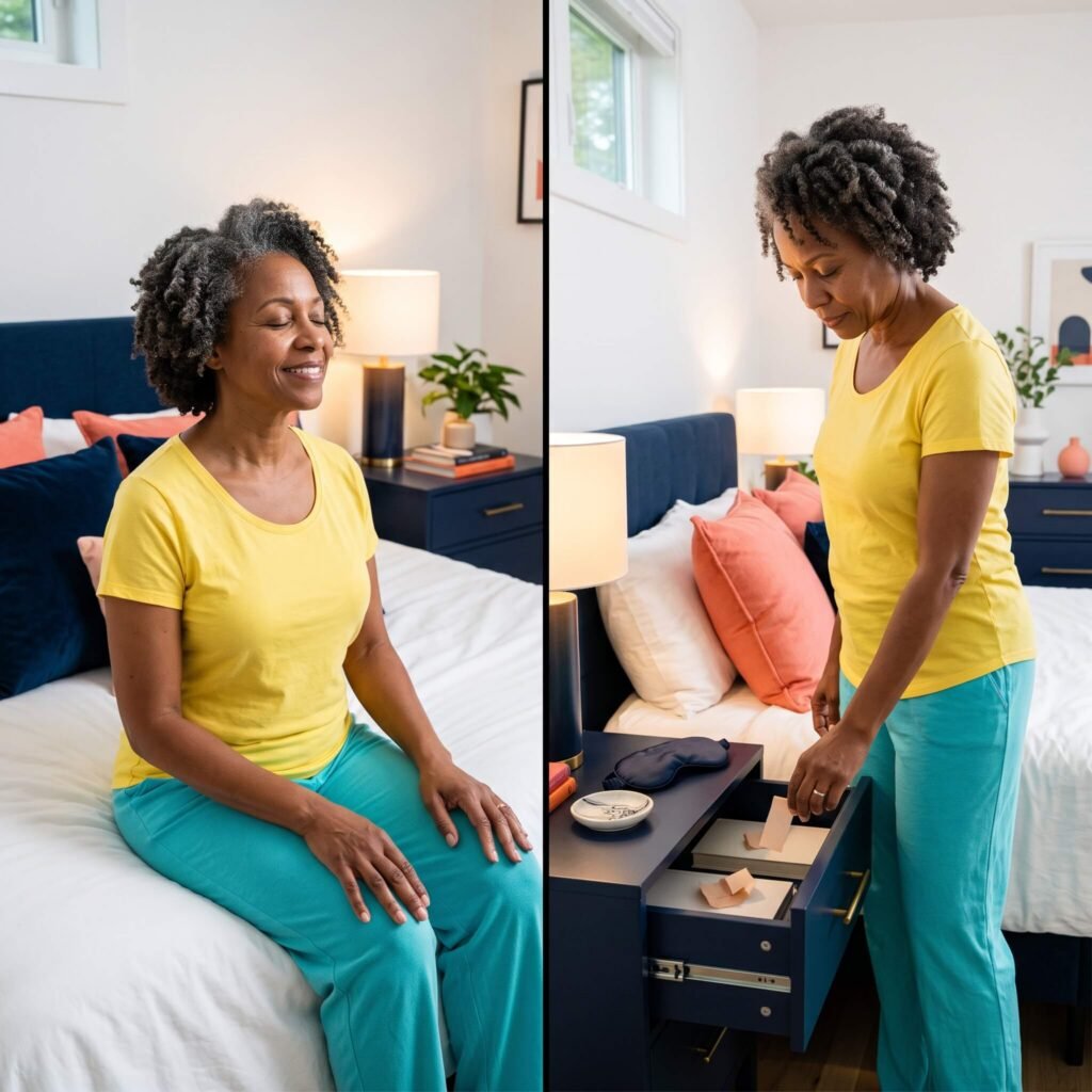 Menopausal woman practicing comfortable nasal breathing before bedtime without mouth tape