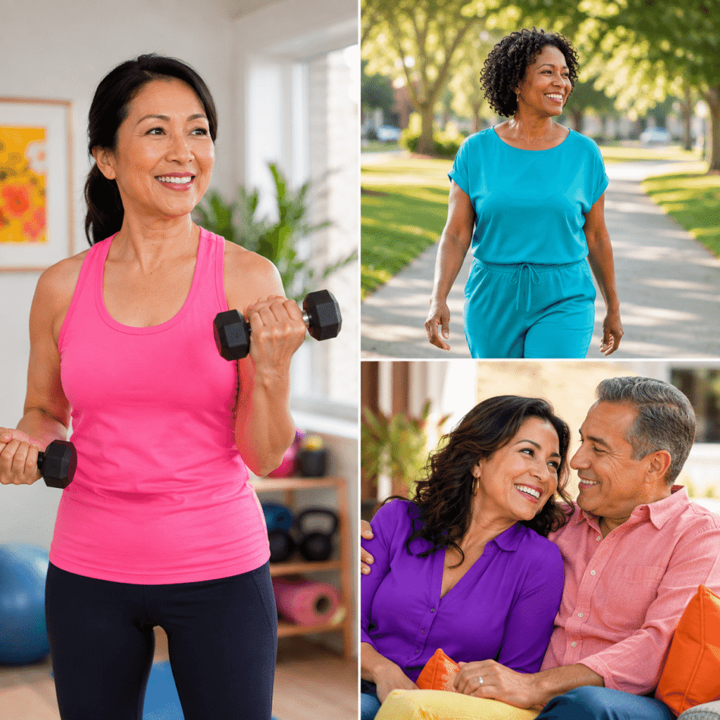 Diverse women exercising, relaxing and practicing healthy habits that support sexual wellbeing after menopause