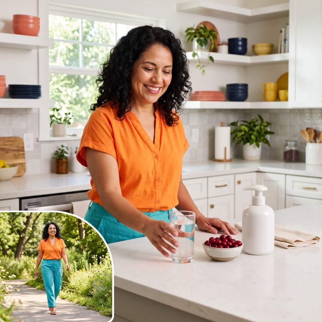 Midlife woman following everyday habits that may help reduce recurrent UTI risk