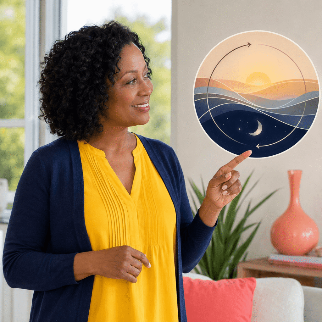 Smiling midlife woman viewing a simple visual explanation of the body's daily sleep-wake rhythm