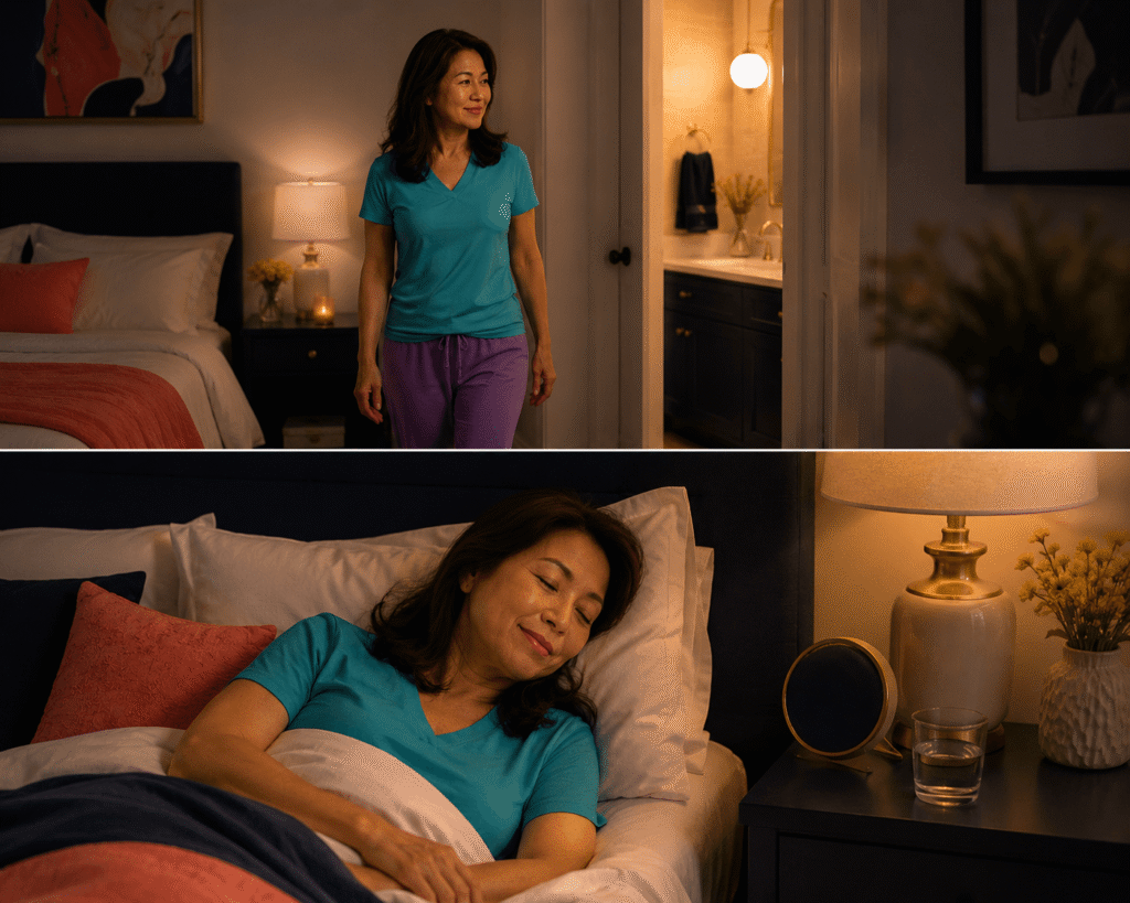 Asian American woman in her fifties shown in a split scene waking at night for the bathroom and feeling comfortable again in bed afterward.