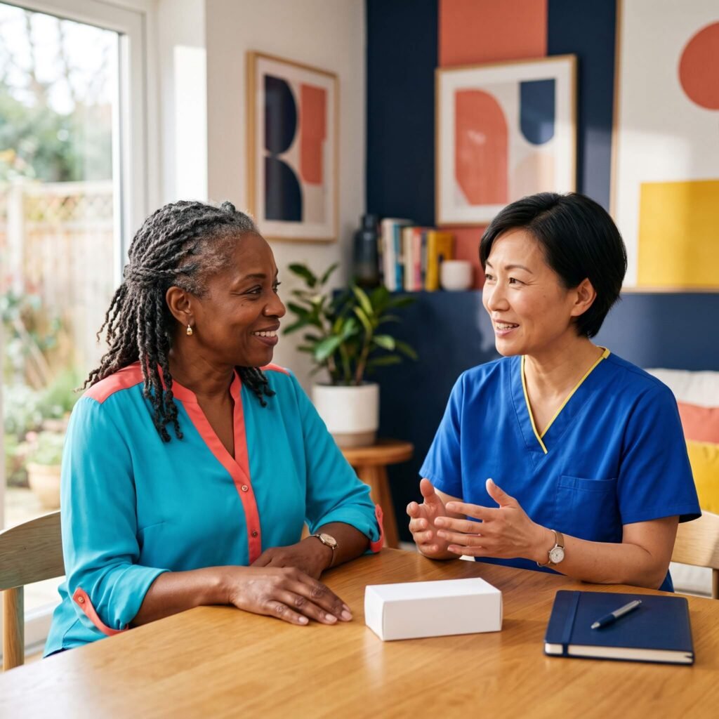 Smiling African American woman in her 50s discussing nonhormonal vaginal dryness options with a female clinician.