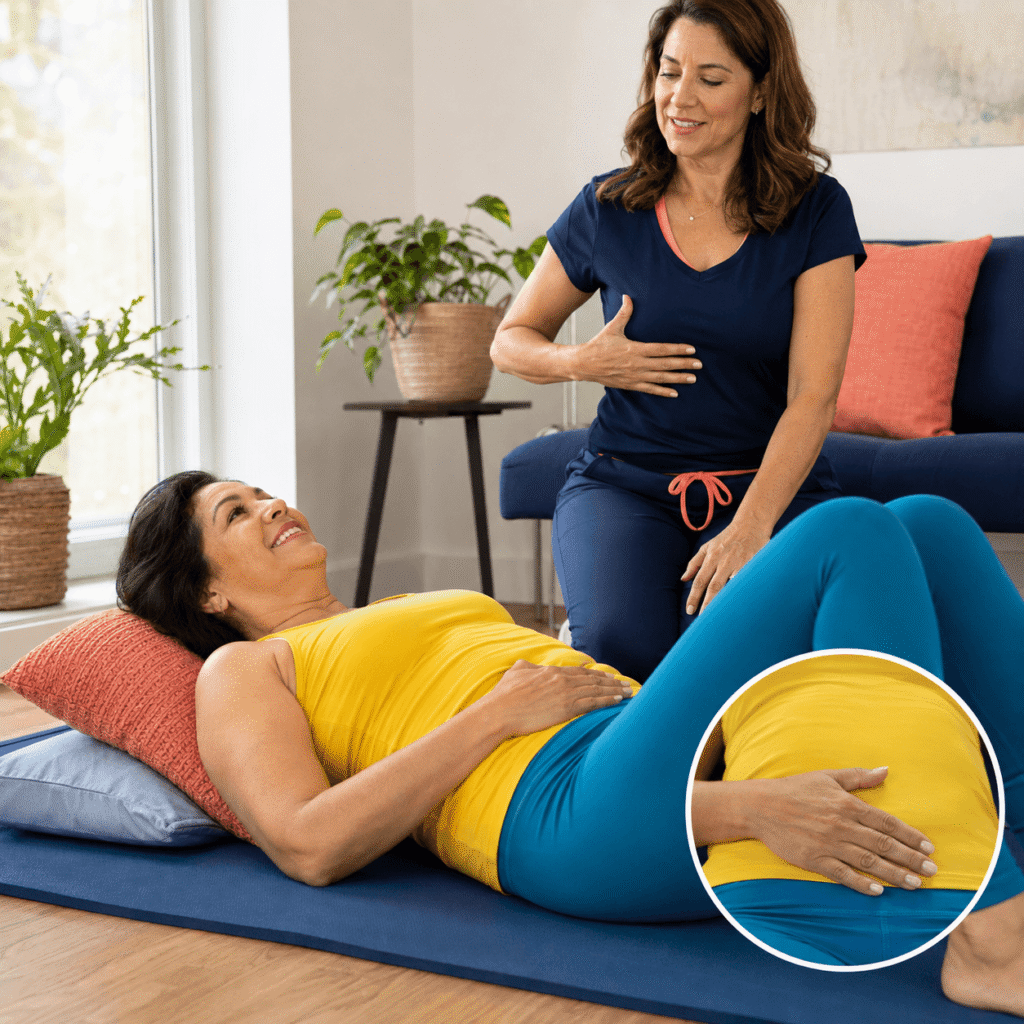 Mexican American woman practicing slow diaphragmatic breathing with a pelvic-health therapist in a bright home-style therapy room.