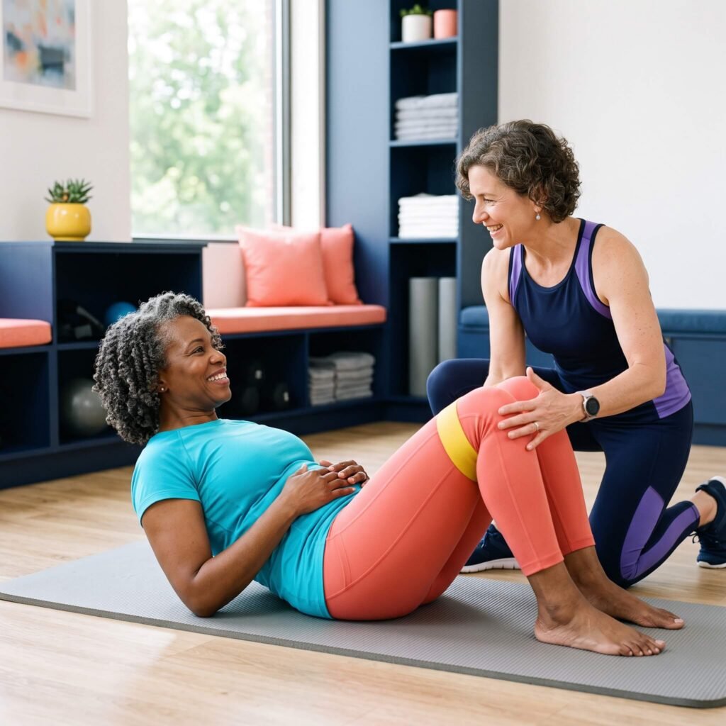 African American woman in her fifties receiving individualized pelvic-floor physical-therapy coaching from a female therapist using a resistance band.