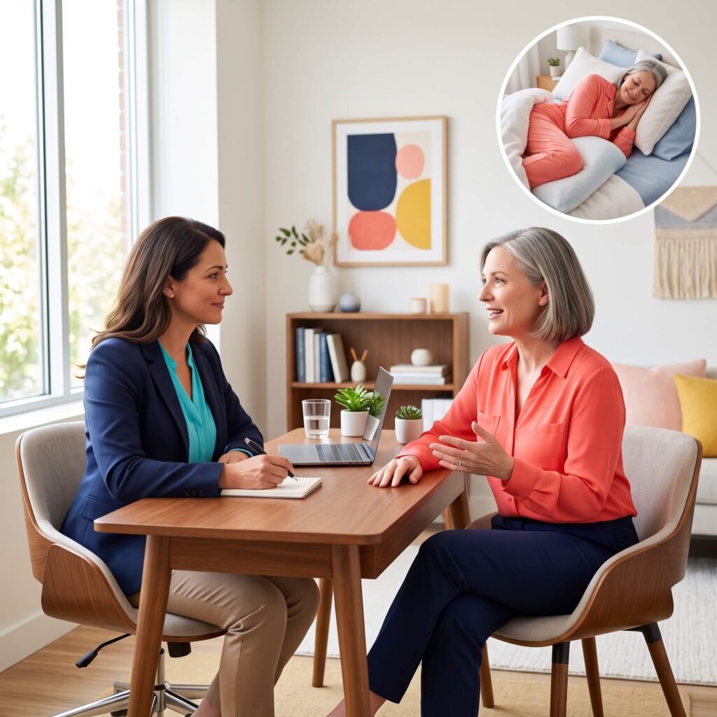 White American woman in her fifties discussing pelvic pressure and sleep concerns with a female pelvic-health specialist in a bright consultation room.