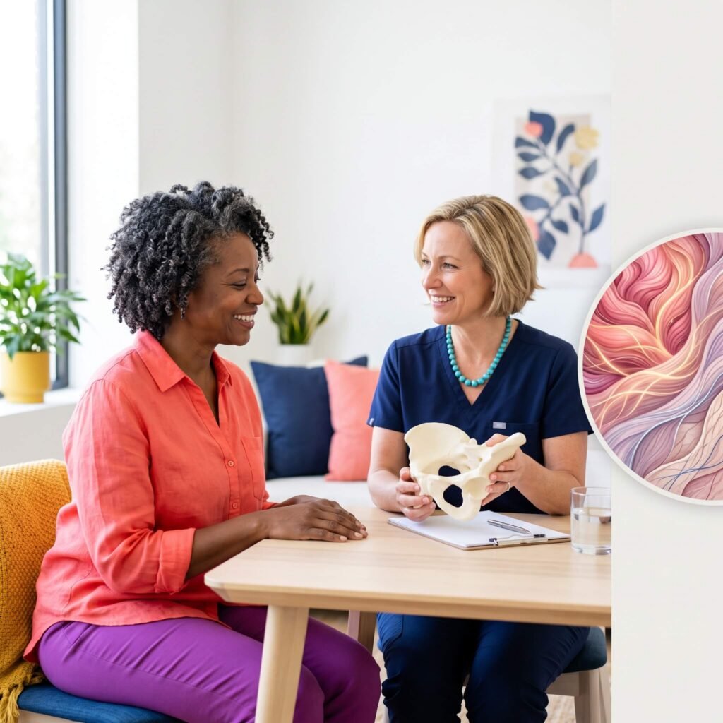 Woman learning how hormonal changes can affect urinary health during perimenopause