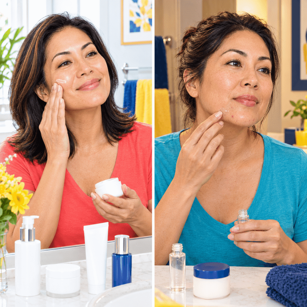Woman over 40 following a gentle morning and evening skincare routine for perimenopause acne