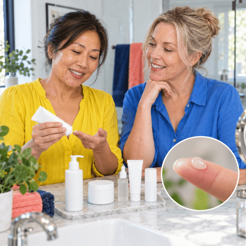 Two women over 40 comparing gentle acne skincare options for mature perimenopausal skin