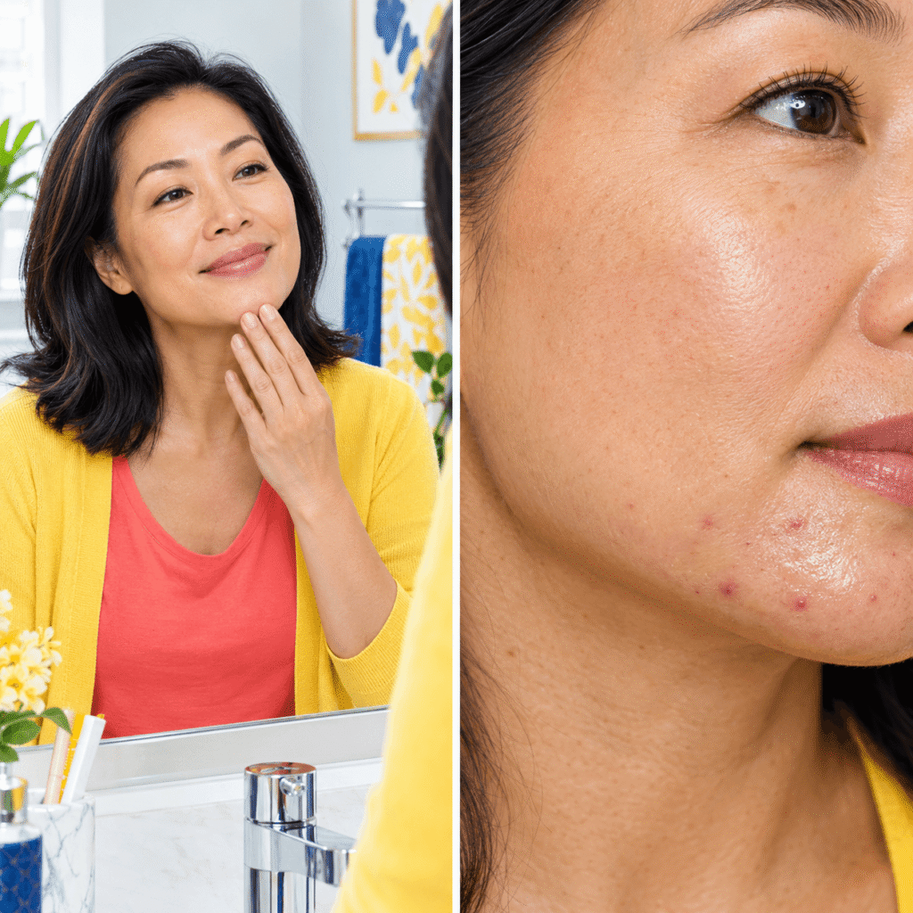 Asian woman over 40 examining hormonal chin acne as perimenopause changes affect oil production