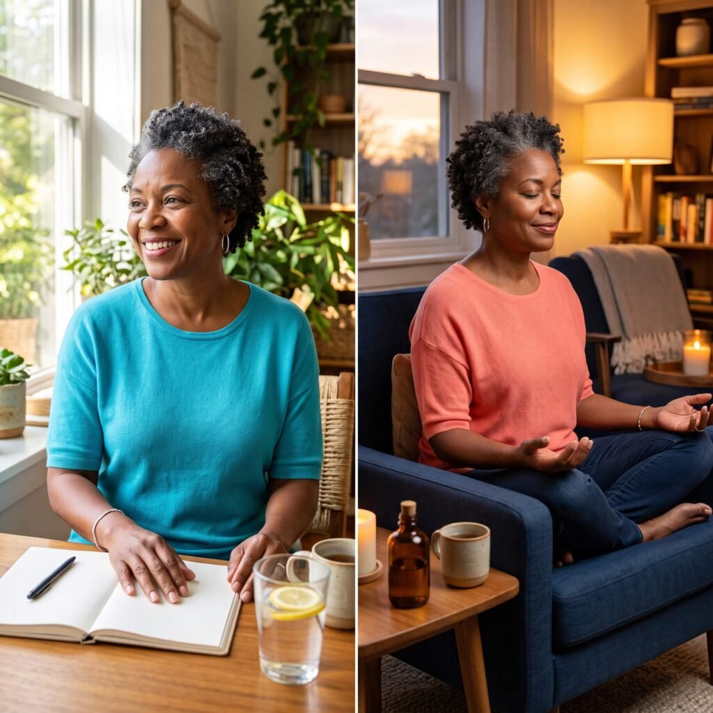 Midlife woman comparing a calm morning routine with an evening wind-down routine in a split lifestyle scene.
