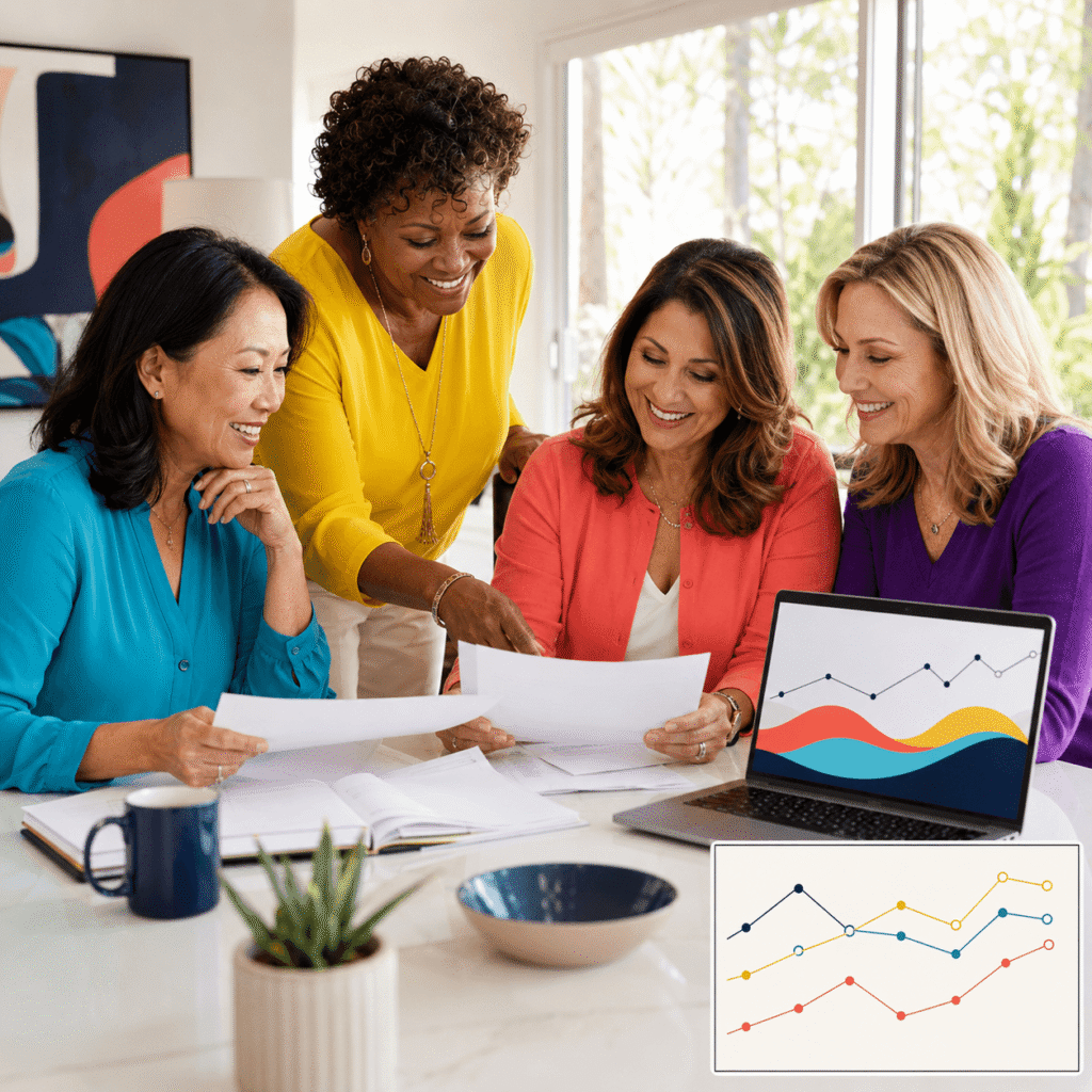  Four midlife women reviewing research materials together at a bright table.
