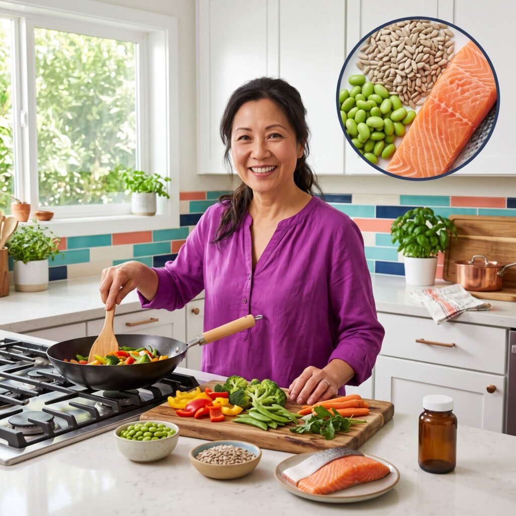  Smiling midlife woman preparing a colorful meal with salmon, soybeans and sunflower seeds beside an unbranded supplement container.
