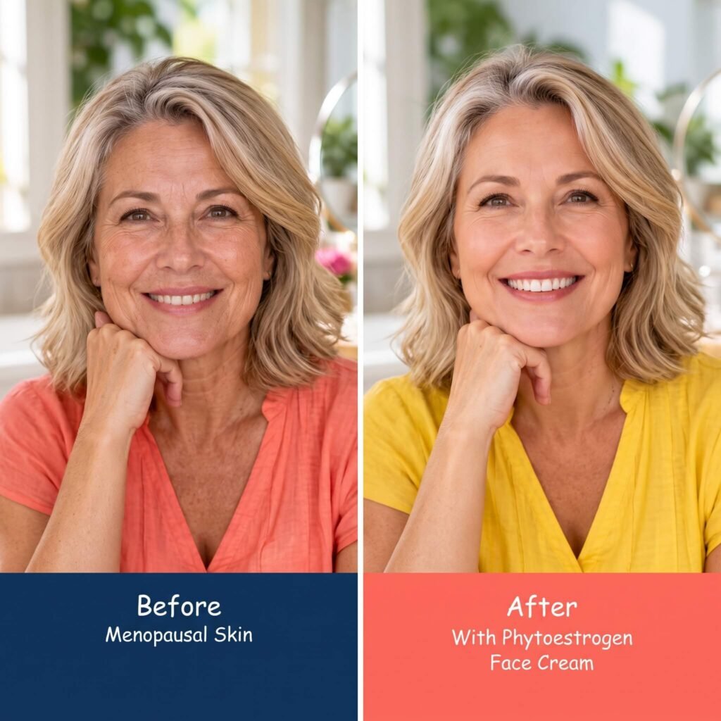 Two women in midlife using face cream with a close up inset showing natural fine lines around the eye.