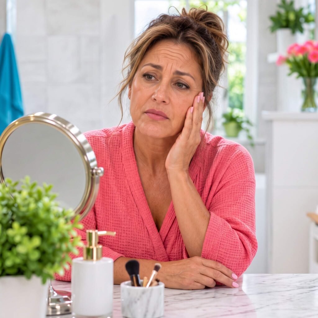 Mature woman with realistic facial lines and moisturizer application.