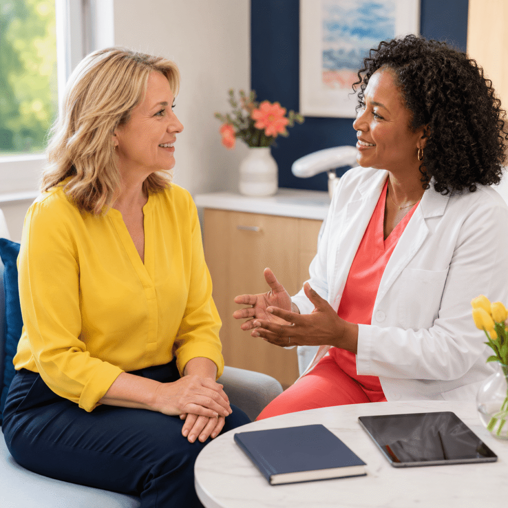 Woman in her 50s speaking calmly with a healthcare professional about menopause symptoms during an office visit.