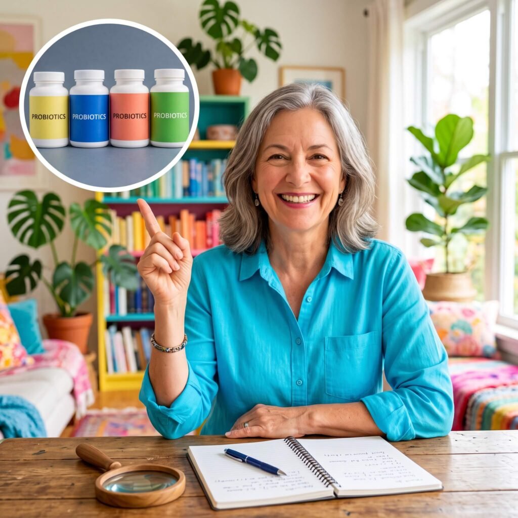 Woman checking a probiotic label for a complete strain code and CFU information