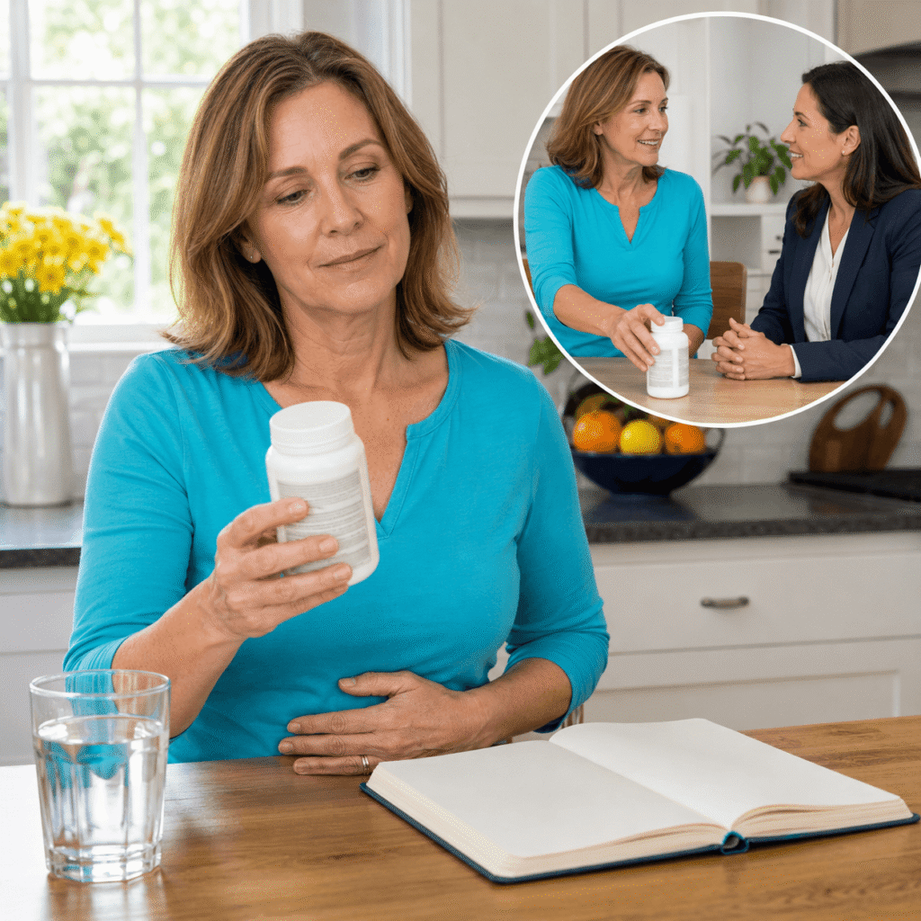 Woman checking probiotic ingredients after experiencing increased gas and bloating