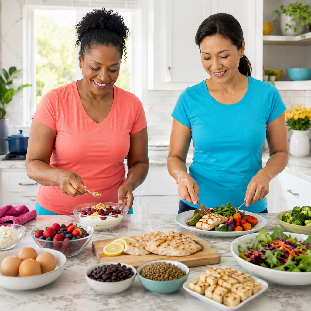 Two smiling women in their 50s preparing several balanced protein-rich meals in a bright kitchen.
