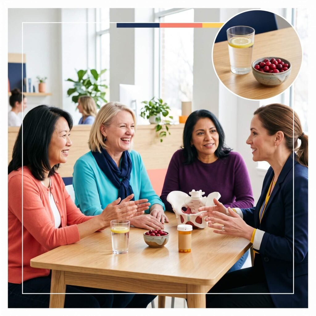 Midlife woman reviewing several evidence-based options for preventing recurrent UTIs with a clinician