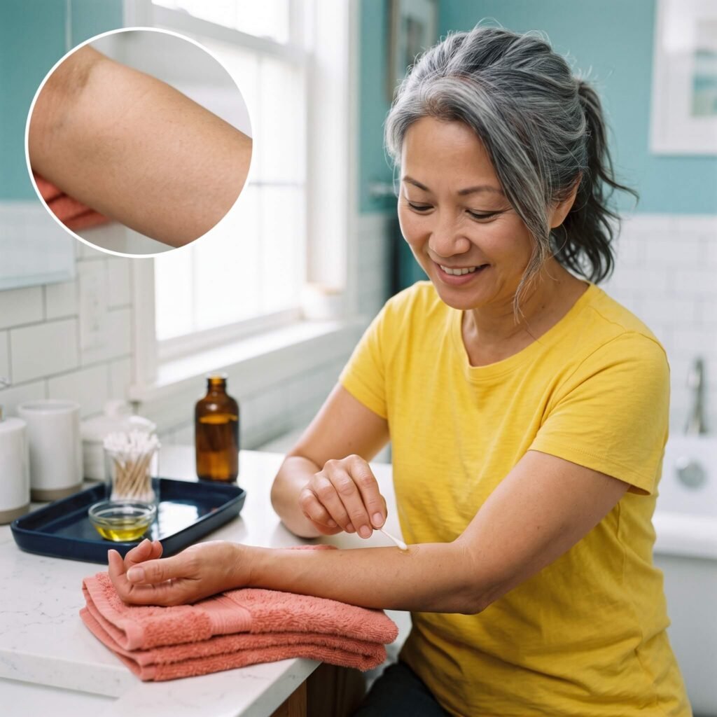 Smiling woman performing a small patch test of diluted rosemary oil on her inner arm.