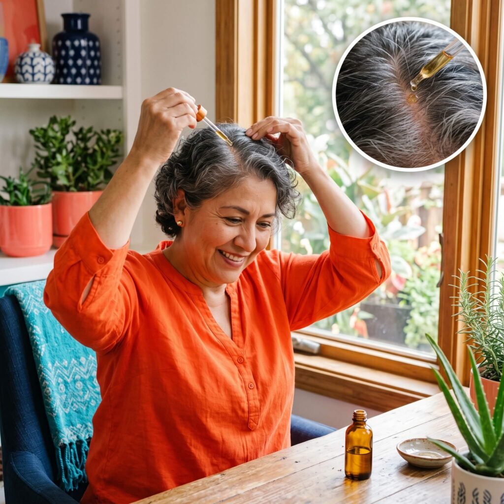 Smiling woman over 50 applying diluted rosemary oil along her scalp part with a dropper.
