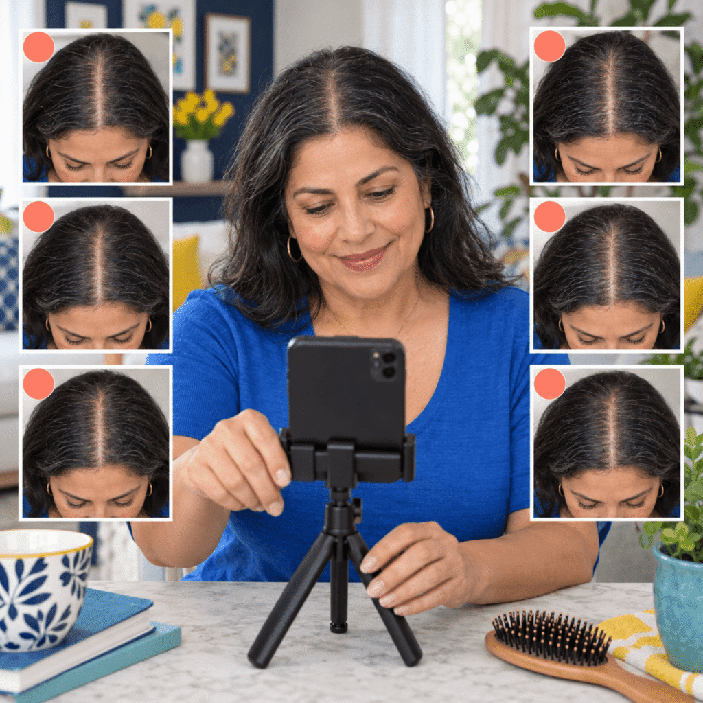 Woman taking a consistent monthly photograph of her center part while tracking hair shedding over six months.