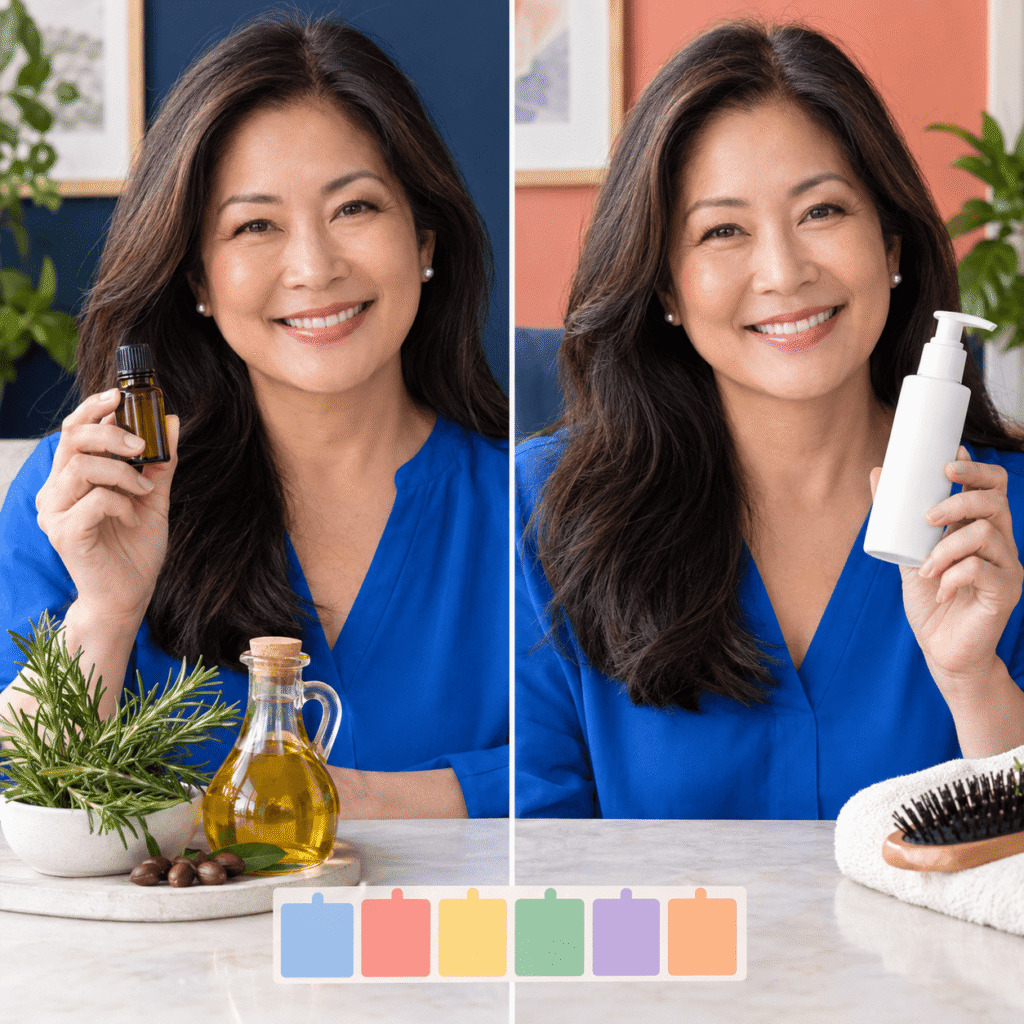 Smiling midlife woman considering unbranded rosemary scalp oil and topical hair-loss treatment options.