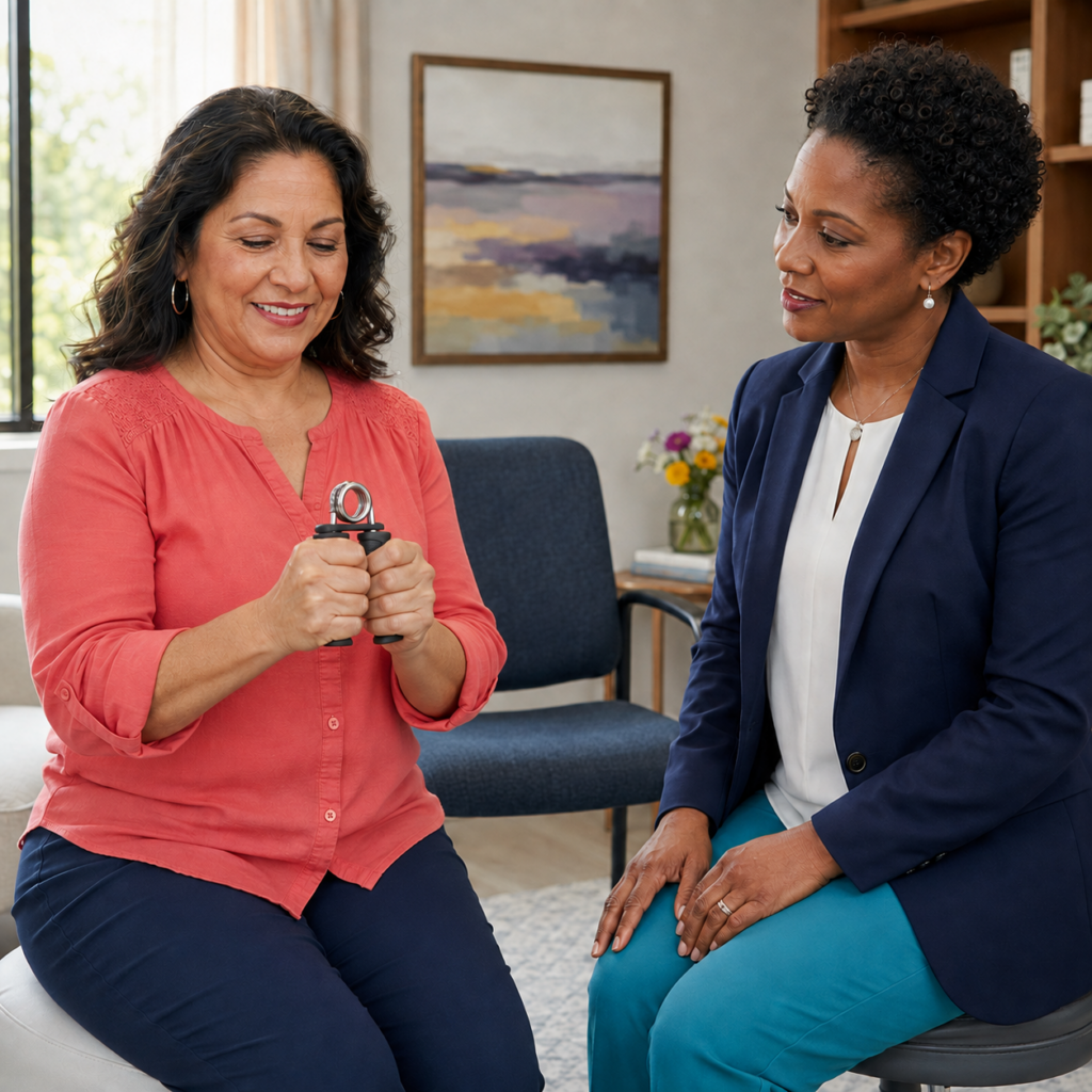 Midlife woman discussing muscle weakness with a female healthcare professional during a supportive consultation.
