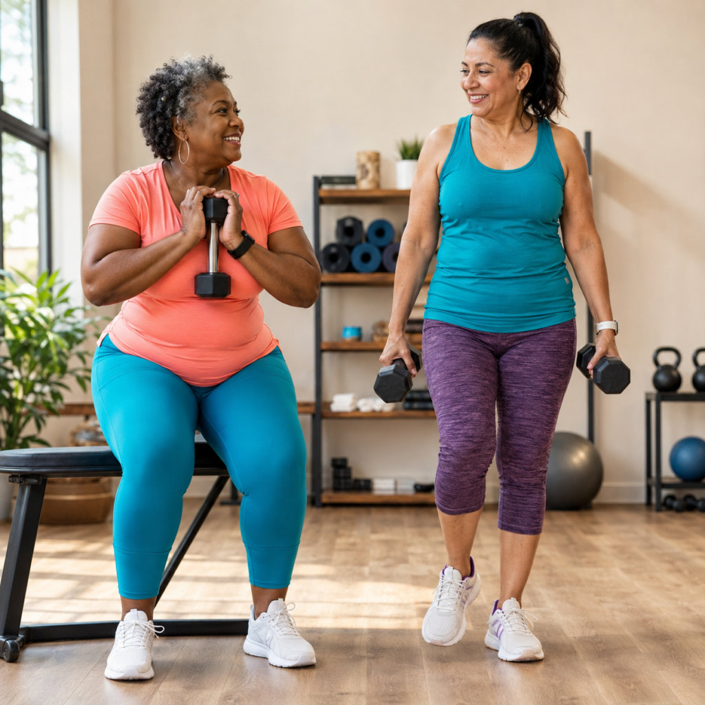 Two smiling midlife women with different body types performing strength exercises together.
