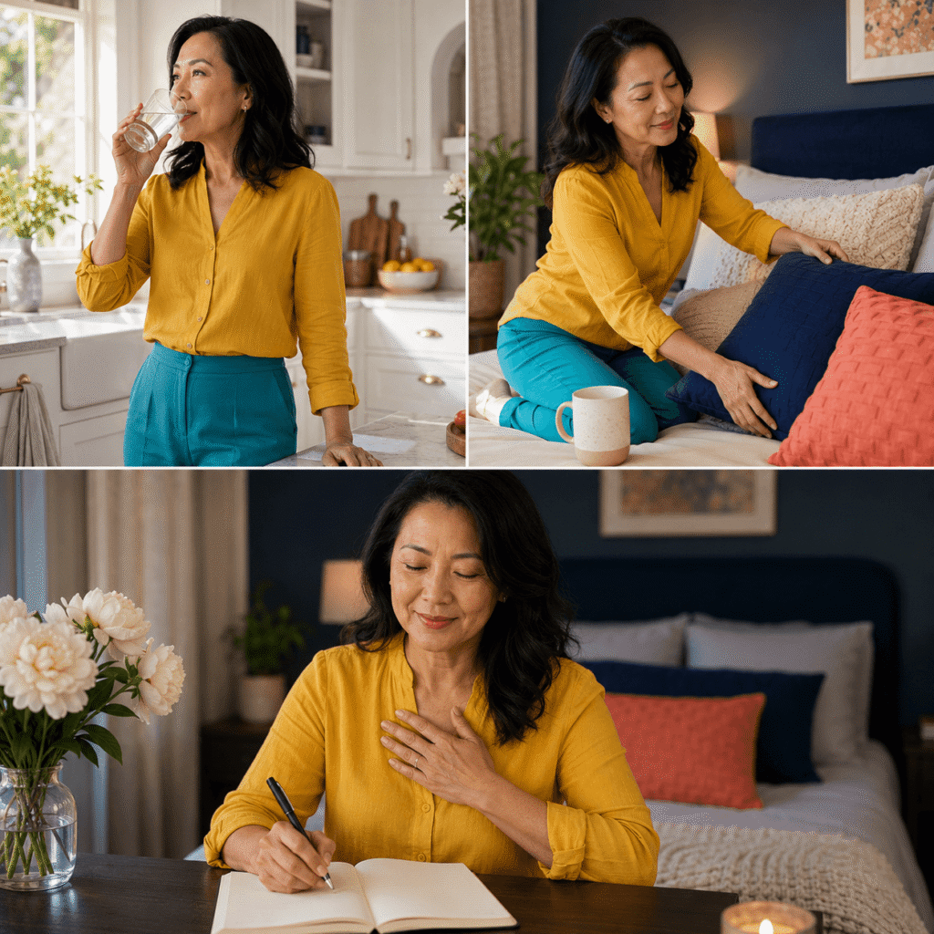 Asian American woman shown across three daily-life scenes hydrating earlier, preparing for bed and recording sleep and bladder symptoms.