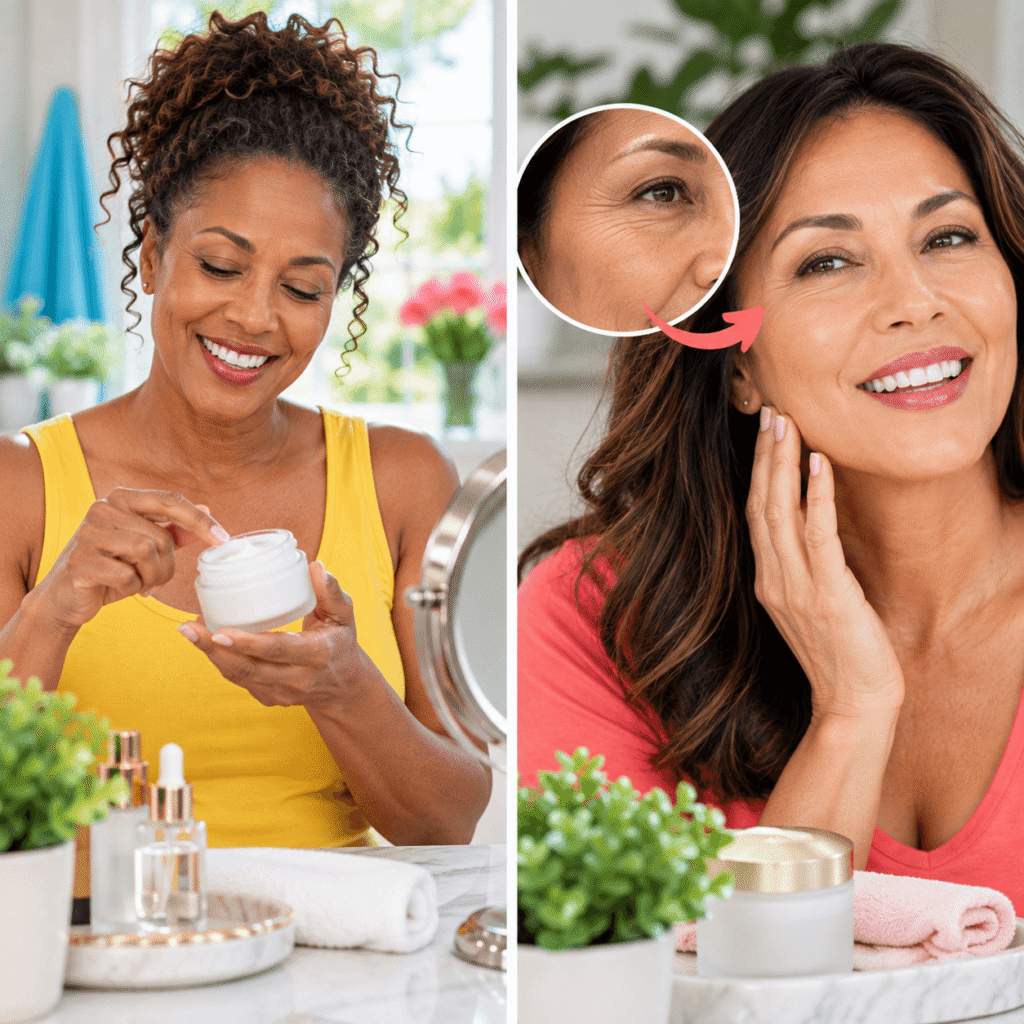 Woman applying plant based face cream beside soybeans and a botanical inset with mature facial skin shown in adjacent panels.