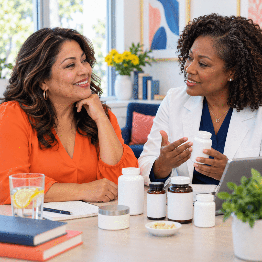 Woman over 40 reviewing supplements and hormonal acne treatment questions with a healthcare professional
