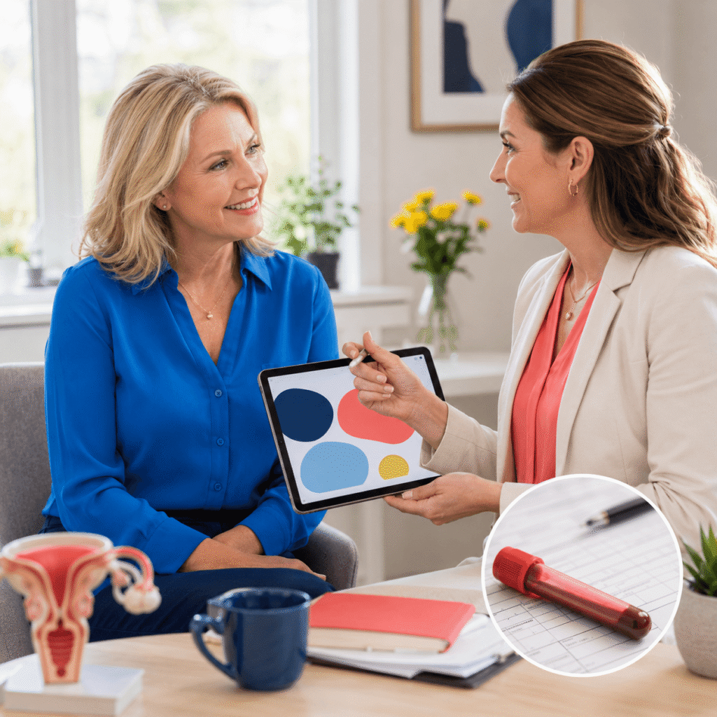 White American woman discussing menopause sexual desire and laboratory results with a female clinician.
