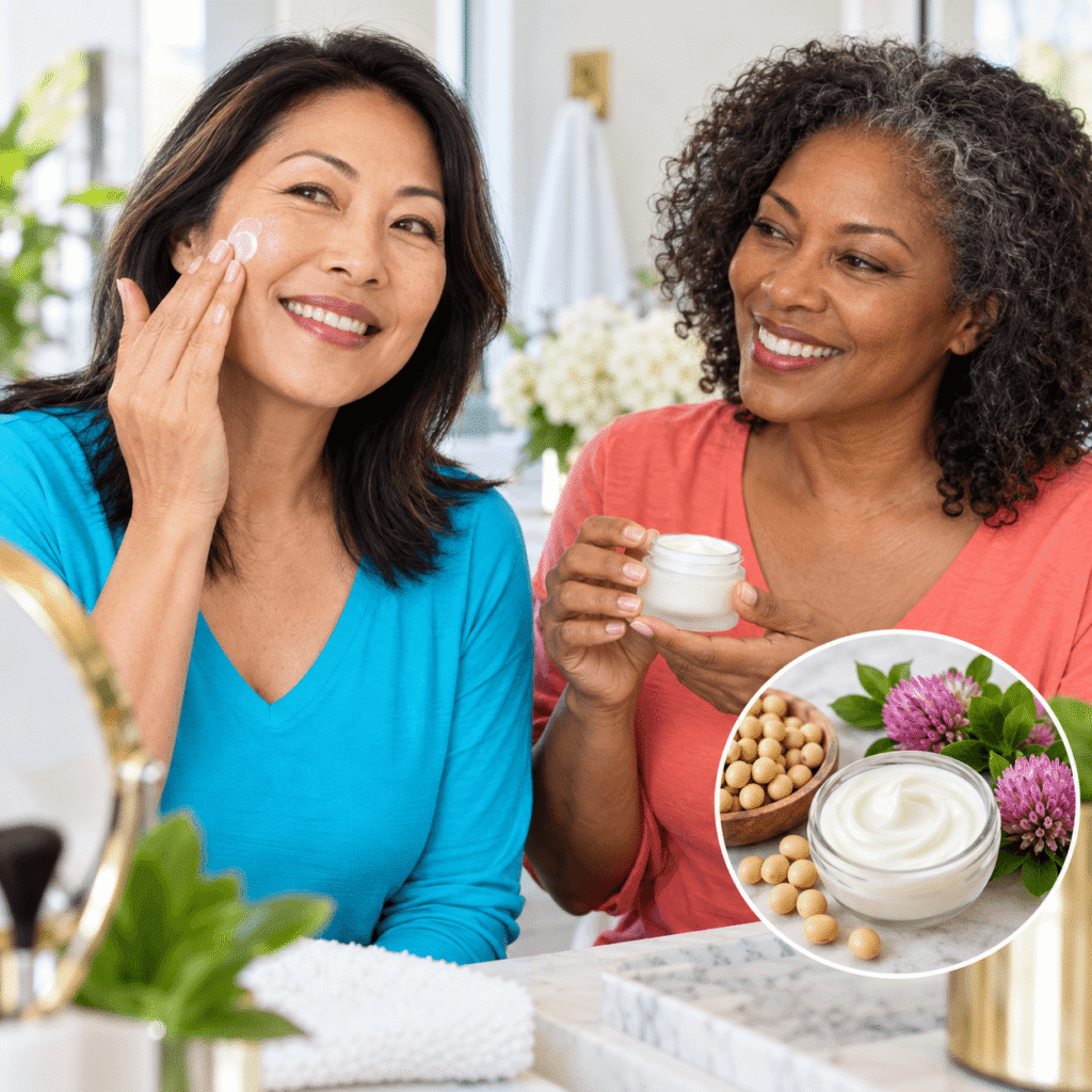 Woman applying plant based face cream beside close views of mature facial skin to illustrate changes in hydration and texture.