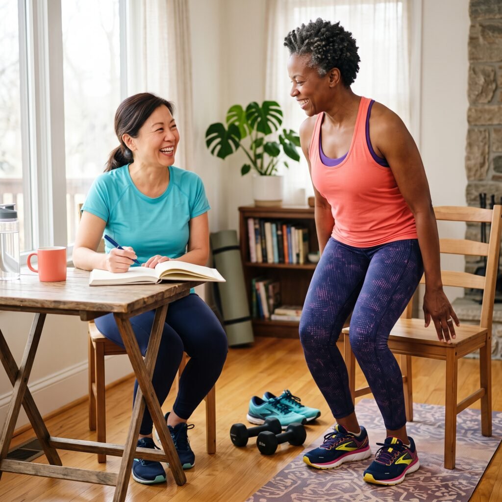  Smiling midlife woman tracking chair stands and strength exercises in a blank journal after a workout.
