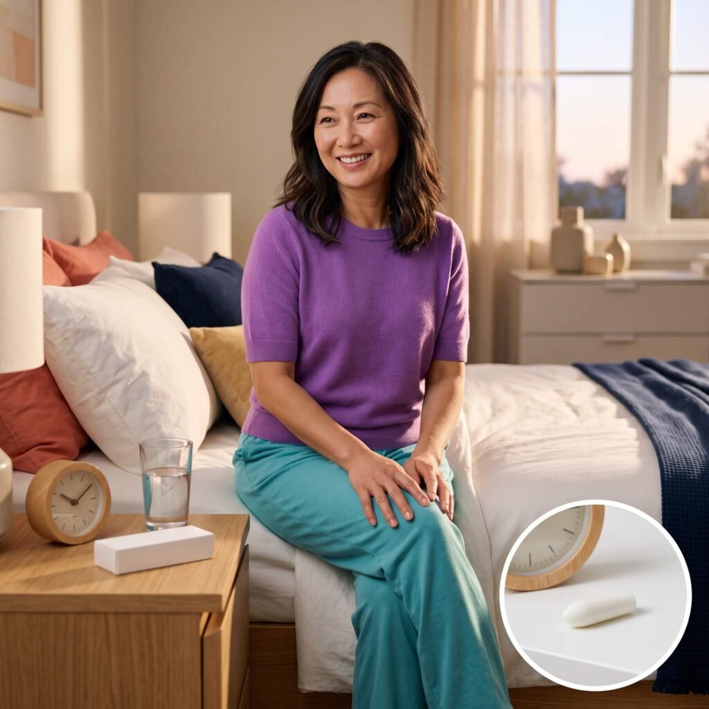 Smiling Asian American woman in her 50s preparing an unbranded vaginal moisturizer beside her bedtime routine.