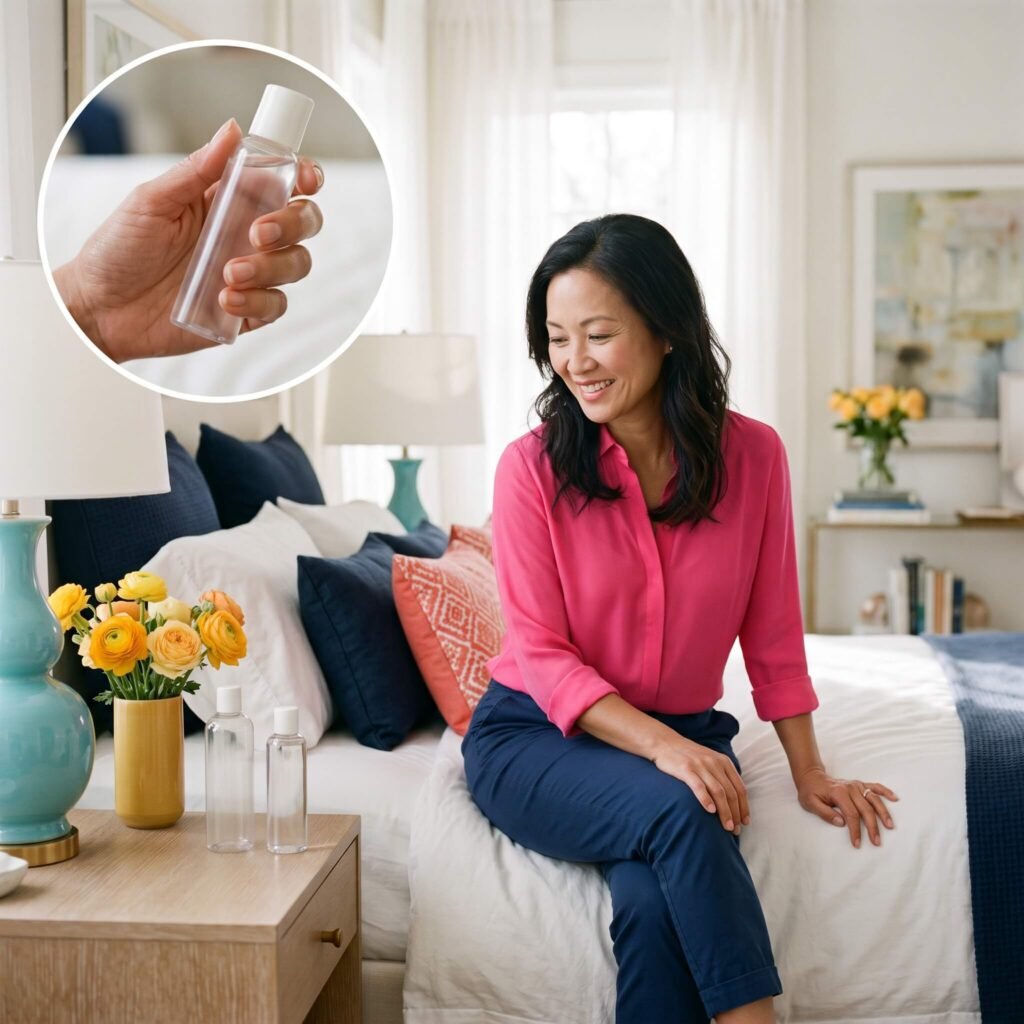 Asian American woman in midlife smiling while choosing an unbranded vaginal moisturizer and lubricant at a bright bedside table.
