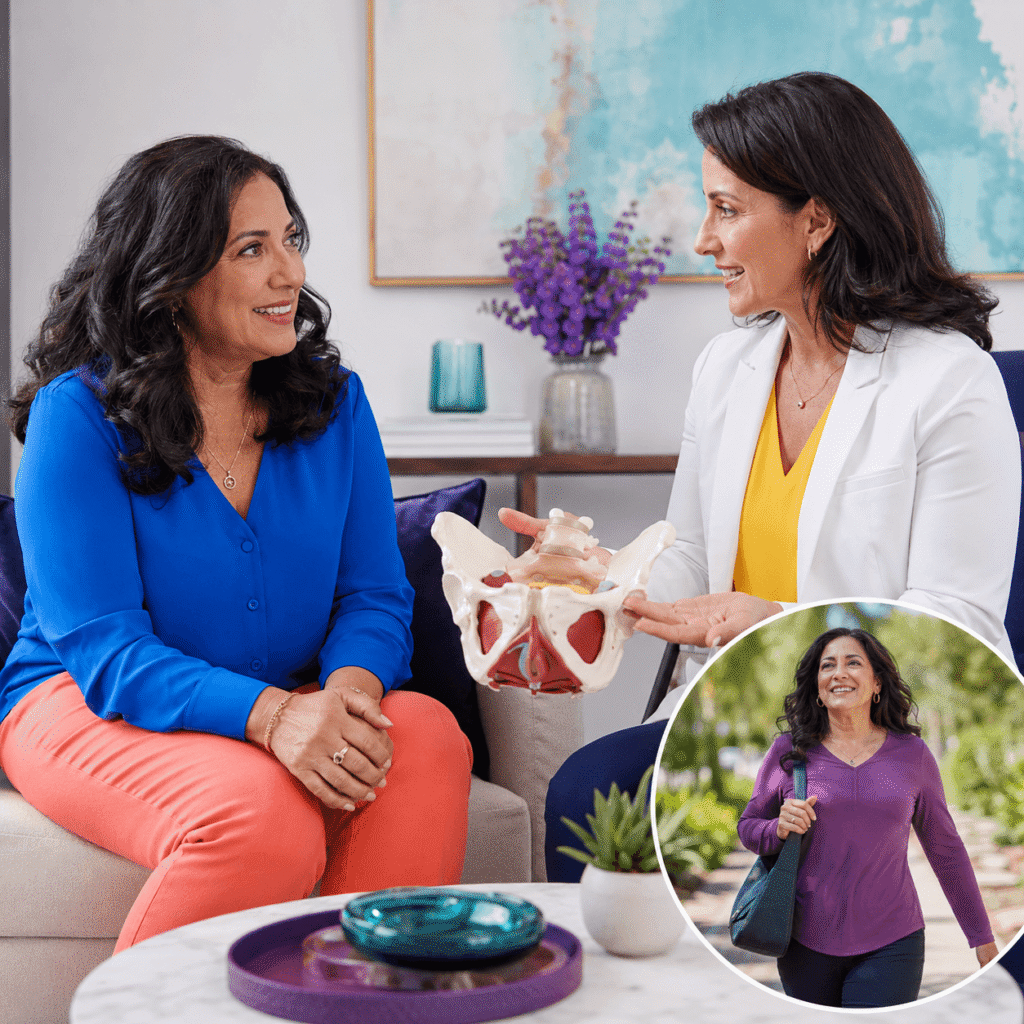Woman in her 50s discussing vaginal dryness and menopause-related sexual comfort with a clinician