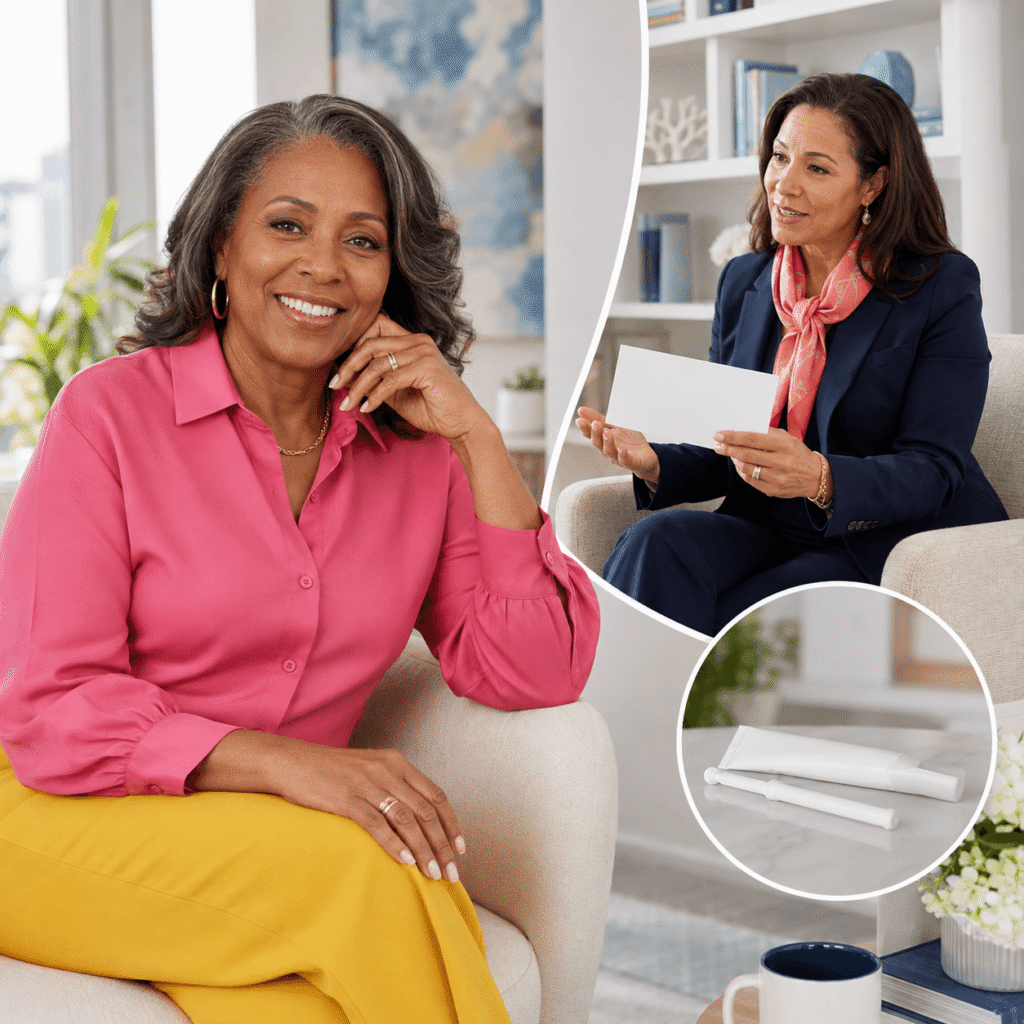 Midlife woman having an informed conversation with a clinician about vaginal