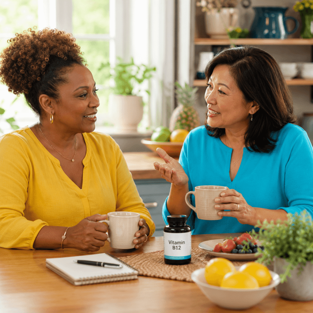 Midlife woman reviewing laboratory results with a clinician before using vitamin B12 for brain fog.