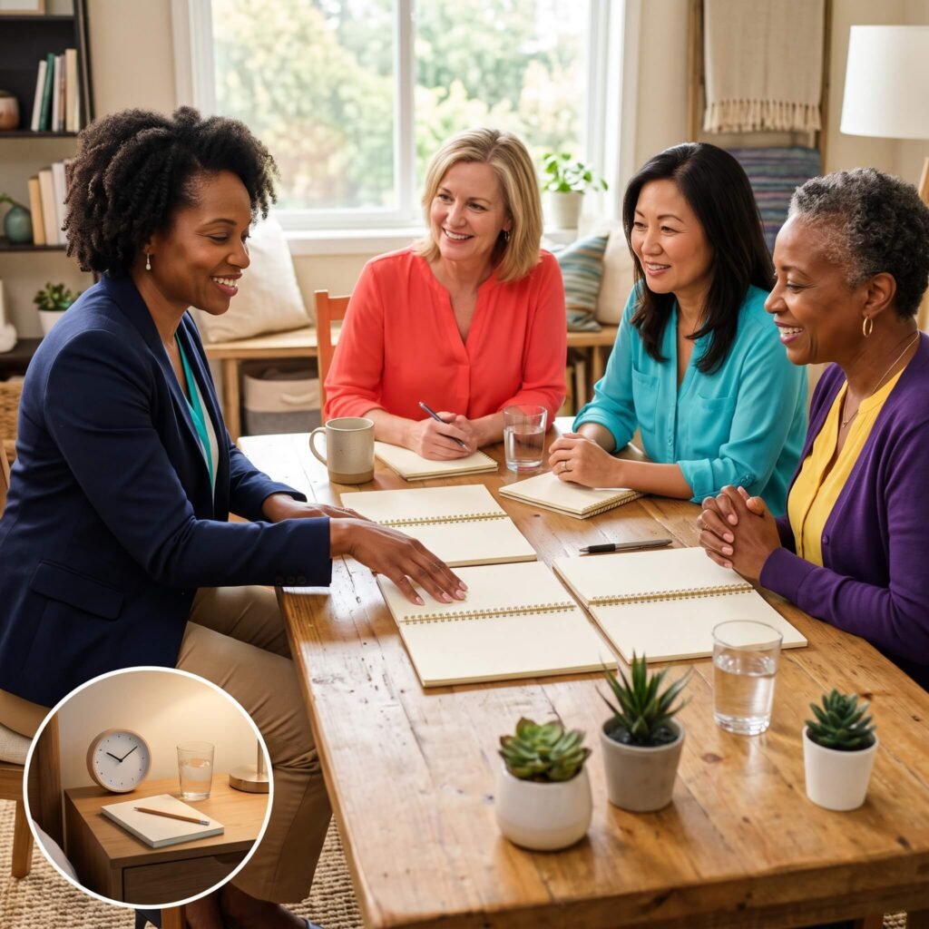 Three diverse women in their fifties discussing blank sleep and bladder diaries with a female clinician in a bright wellness consultation setting.